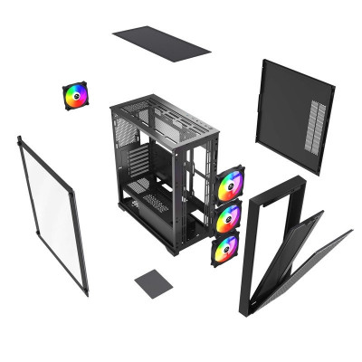 Корпус Wintek Andromeda MAX P193-M-B TG, ATX, USB 2*3.0/1*2.0, HD+Mic, 0,5mm, 4*12cm ARGB (контроллер + пульт д/у в комплекте), Black