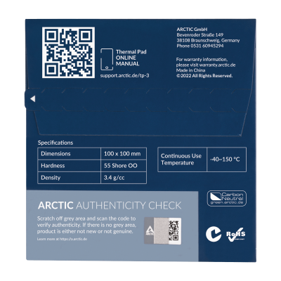 Термопрокладка ARCTIC TP-3, ACTPD00053A, 100x100х1mm, 3.4g/cm3