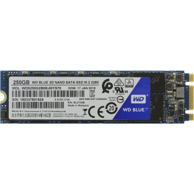 Твердотельный накопитель  250GB SSD WD BLUE 3D NAND M.2 2280 SATA3 R550Mb/s W525MB/s WDS250G2B0B