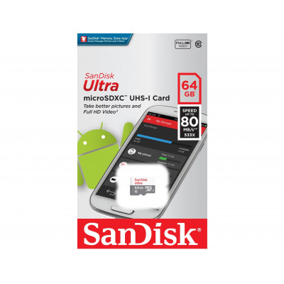 Карта памяти SANDISK 64Gb Ultra Android microSDXC  Чтение до 80МБ/с, C10 SDSQUNS-064G-GN3MN