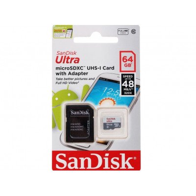 Карта памяти SANDISK  64Gb ULTRA microSD UHS-I Чтение до 48 МБ/с, С10, Адаптер SD SDSQUNB-064G-GN3MA