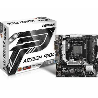 Материнская плата ASRock AB350M PRO4 Socket AM4 B350 4xDDR4 6xSATA3 RAID D-Sub DVI HDMI mATX BOX