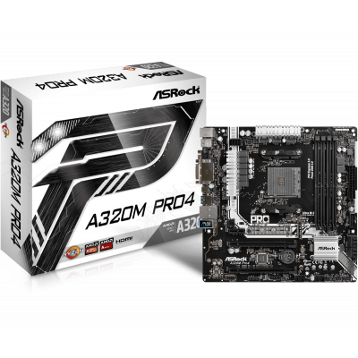 Материнская плата ASRock A320M PRO4 R2.0 Socket AM4 4xDDR4 4xSATA3 RAID 2xM.2 D-Sub DVI HDMI mATX