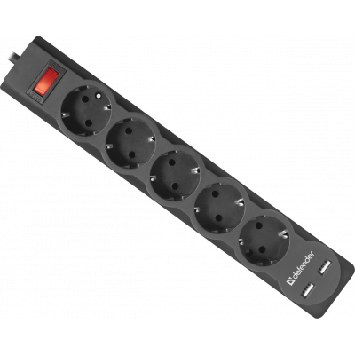 Сетевой фильтр Defender DFS 751 5 розеток, 1.8 м (защита от ВЧ и импульсных помех, USB зарядка 2.1А)