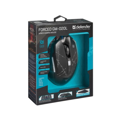 Мышь проводная игровая оптическая Defender Forced GM-020L (черный),USB, 6 кн. + колесо, коврик